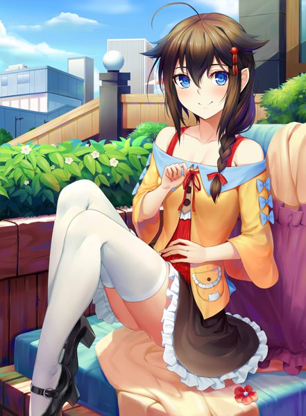 Anime picture 5000x6800 with kantai collection shigure destroyer sonikey0 0 single long hair tall image looking at viewer blush fringe highres blue eyes smile hair between eyes brown hair sitting absurdres sky cloud (clouds) ahoge bent knee (knees)