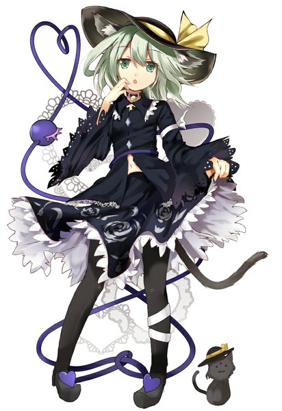 Anime picture 687x1000 with touhou komeiji koishi efe single tall image looking at viewer short hair open mouth simple background white background green eyes animal ears tail animal tail cat ears bare belly cat girl cat tail eyes girl