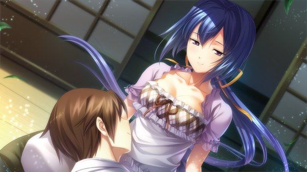 Аниме картинка 1280x720 с izuna zanshinken (game) длинные волосы короткие волосы каштановые волосы широкое изображение фиолетовые глаза синие волосы game cg девушка мужчина