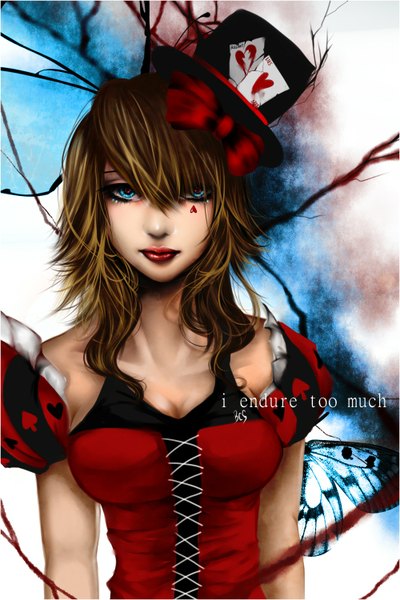 Anime picture 1000x1500 with alice in wonderland alice (wonderland) blackcatshooter (artist) long hair tall image looking at viewer blue eyes brown hair bare shoulders lips inscription lipstick makeup insect wings butterfly wings girl bow hat card (cards)