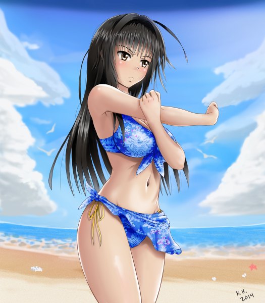 Anime picture 1050x1200 with toloveru xebec kotegawa yui raimy329 single long hair tall image light erotic black hair brown eyes sky cloud (clouds) beach sand girl navel swimsuit animal bikini sea