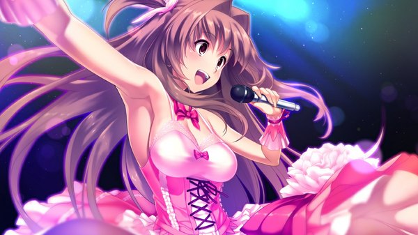 Anime picture 1024x576 with d-eve in you akatsuki shion long hair open mouth brown hair wide image brown eyes game cg girl dress microphone