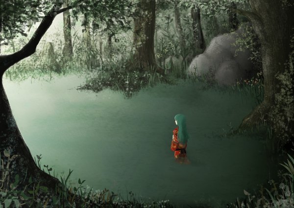 Аниме картинка 1200x850 с мастер муши koreka зелёные глаза японская одежда дерево (деревья) вода кимоно лес