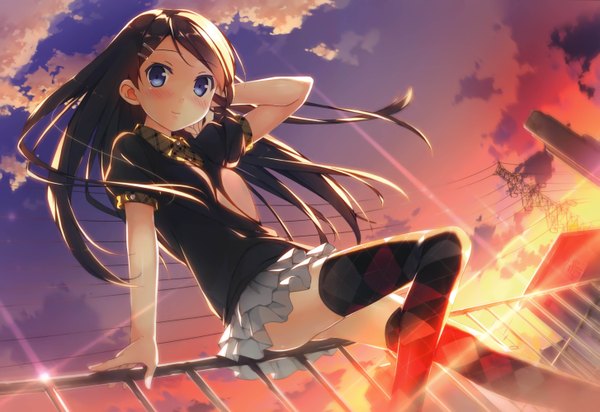 Anime picture 5813x3999 with 5 nenme no houkago (artbook) miyaguchi hiromi kantoku single long hair looking at viewer blush highres blue eyes light erotic black hair smile sitting payot absurdres sky cloud (clouds) bent knee (knees) outdoors arm up