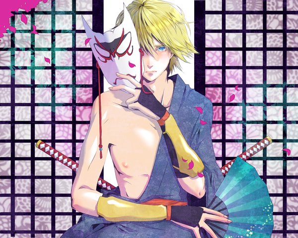 Anime picture 1280x1024 with tiger & bunny sunrise (studio) ivan karelin origami cyclone jun (pixiv) single short hair blue eyes blonde hair traditional clothes japanese clothes topless boy gloves weapon petals sword fingerless gloves katana mask