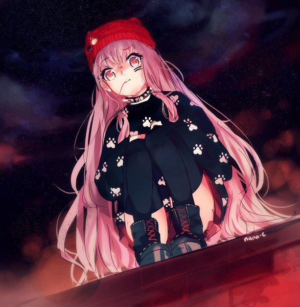 Anime picture 1471x1503 with original nana-e single long hair tall image fringe holding signed pink hair bent knee (knees) pleated skirt pink eyes from below zettai ryouiki mouth hold girl thighhighs skirt black thighhighs hat