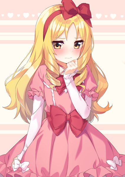 Anime picture 1000x1415 with eromanga sensei a-1 pictures yamada elf tofu1601 single long hair tall image looking at viewer blush blonde hair standing yellow eyes embarrassed drill hair girl dress bow hair bow pink dress