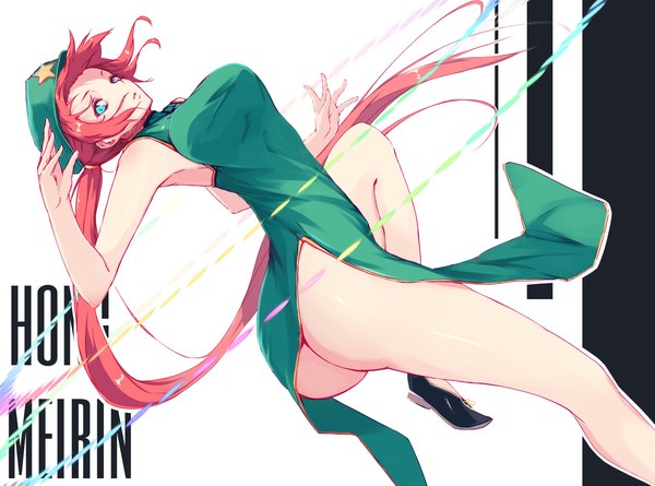 Anime picture 1550x1150 with touhou hong meiling rean (r ean) single looking at viewer breasts light erotic large breasts ass ponytail red hair very long hair aqua eyes bare legs sleeveless no panties chinese clothes side slit alternate hairstyle girl