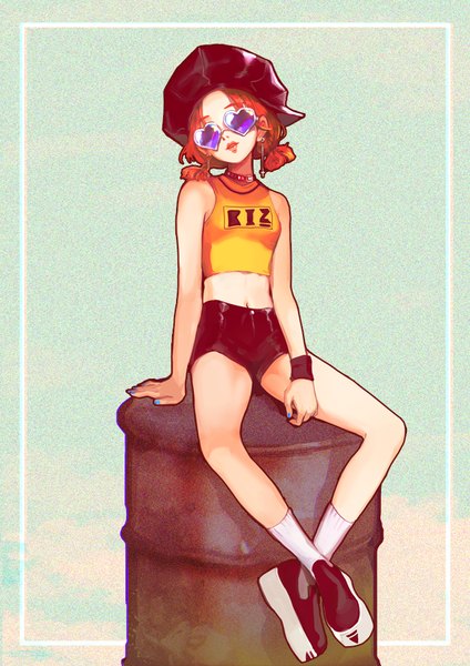 Anime picture 640x906 with original ruck single tall image short hair simple background sitting twintails bare shoulders full body nail polish parted lips head tilt orange hair arm support midriff lipstick crossed legs gradient background low twintails