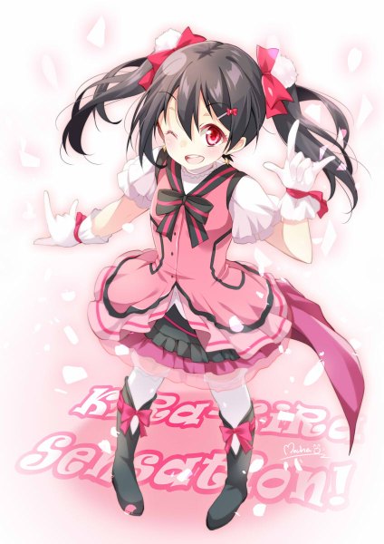 Anime picture 848x1200 with love live! school idol project sunrise (studio) love live! yazawa nico mocha (naturefour) single long hair tall image blush open mouth black hair red eyes twintails one eye closed wink mmm girl dress bow hair bow