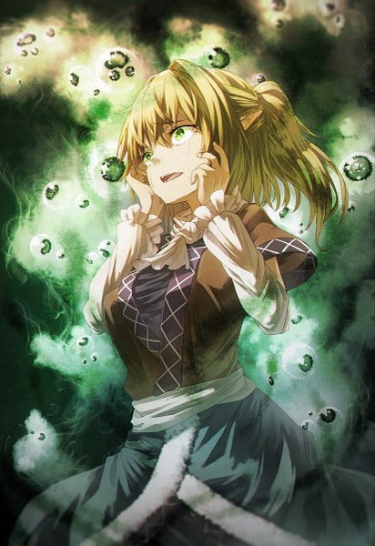 Anime picture 825x1200 with touhou mizuhashi parsee ibuki notsu single long hair tall image blonde hair green eyes looking away pointy ears tears half updo crying hands on face girl dress frills