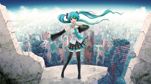 Anime picture 1280x720 with vocaloid hatsune miku inumoto single looking at viewer blush open mouth smile wide image standing twintails bare shoulders very long hair aqua eyes aqua hair zettai ryouiki city girl thighhighs black thighhighs
