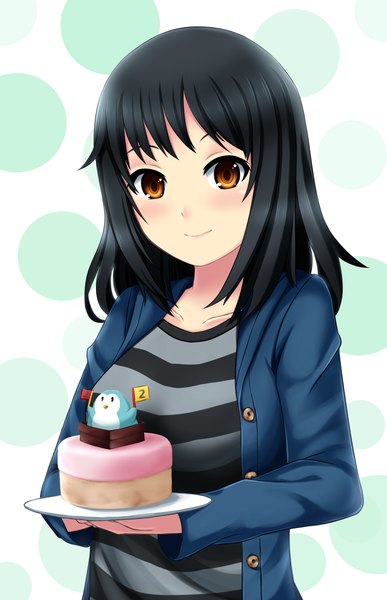 Anime picture 976x1514 with original pinguin-kotak single long hair tall image blush black hair smile yellow eyes open clothes open jacket polka dot polka dot background girl jacket sweets cake