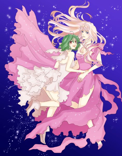 Anime picture 2000x2545 with macross macross frontier sheryl nome ranka lee fuu (pixiv502572) long hair tall image highres short hair blue eyes blonde hair red eyes multiple girls green hair girl dress 2 girls shoes jewelry