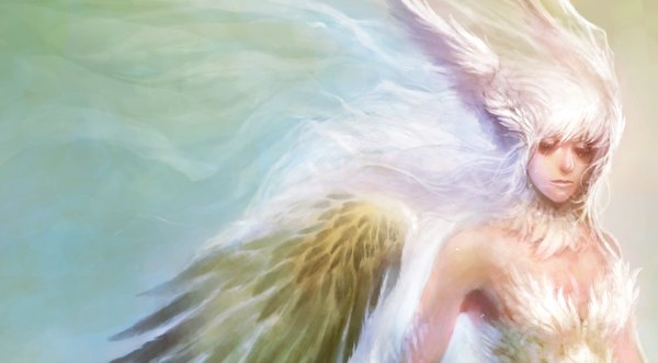 Anime picture 1280x708 with original moon water (artist) single long hair breasts light erotic wide image cleavage white hair eyes closed tears fantasy head wings girl wings feather (feathers)