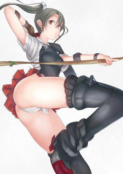 Anime picture 1080x1525 with kantai collection zuikaku aircraft carrier q (ed69) ed69 single long hair tall image light erotic twintails brown eyes grey hair girl underwear panties miniskirt thigh boots bow (weapon) arrow (arrows)
