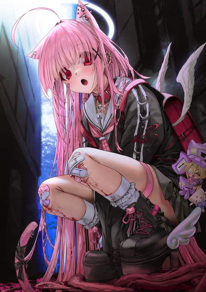 Anime picture 3535x5000 with original veinte (unxi) helena (unxi) unxi single tall image looking at viewer blush fringe highres open mouth red eyes animal ears pink hair absurdres sky cloud (clouds) ahoge bent knee (knees) outdoors