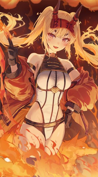 Anime picture 1858x3353 with original 2gong (9ujin ) single long hair tall image looking at viewer blush fringe highres breasts open mouth light erotic blonde hair smile red eyes standing twintails bare shoulders holding payot