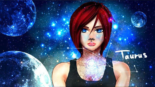 Anime picture 1920x1080 with original air monger single looking at viewer fringe highres short hair blue eyes hair between eyes wide image upper body red hair tattoo space constellation zodiac taurus (zodiac) girl moon star (stars)