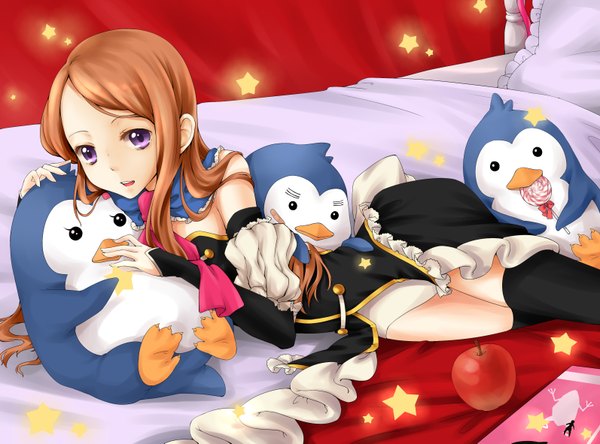 Anime picture 3188x2362 with mawaru penguindrum takakura himari nanairo single long hair highres open mouth brown hair purple eyes bare shoulders absurdres lying girl detached sleeves star (symbol) suit lollipop apple penguin