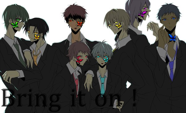 Anime picture 1200x733 with kuroko no basket production i.g kuroko tetsuya kise ryouta aomine daiki akashi seijuurou midorima shintarou murasakibara atsushi kagami taiga takao kazunari meikimio looking at viewer fringe short hair open mouth blue eyes black hair smile red eyes wide image