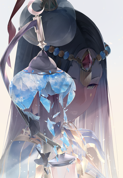 Anime picture 1037x1500 with fate (series) fate/grand order scheherazade (fate) sousou (sousouworks) single long hair tall image black hair simple background looking away upper body shadow grey eyes sky print girl hair ornament hat debris