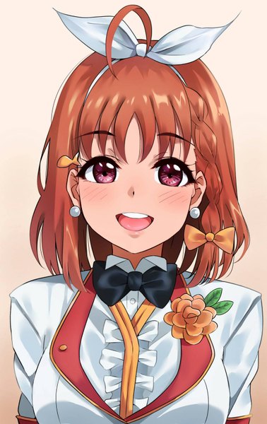 Anime picture 1016x1610 with love live! sunshine!! sunrise (studio) love live! takami chika igarashi kyouhei single tall image looking at viewer blush fringe short hair breasts open mouth simple background smile hair between eyes red eyes large breasts upper body ahoge