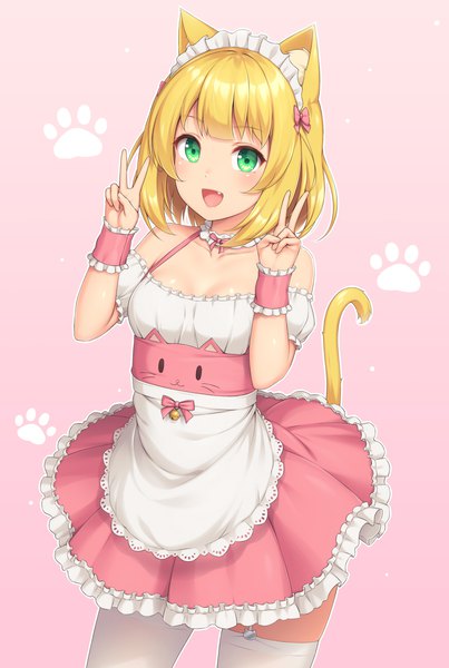 Anime picture 800x1190 with original sasaame single tall image looking at viewer blush fringe short hair breasts open mouth simple background blonde hair smile standing bare shoulders green eyes animal ears tail blunt bangs :d