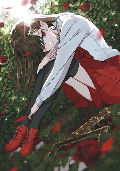 Anime picture 2000x2851 with ib (game) ib (ib) yumeno yume single long hair tall image looking at viewer fringe highres hair between eyes red eyes brown hair sitting bent knee (knees) outdoors long sleeves head tilt pleated skirt blurry dutch angle