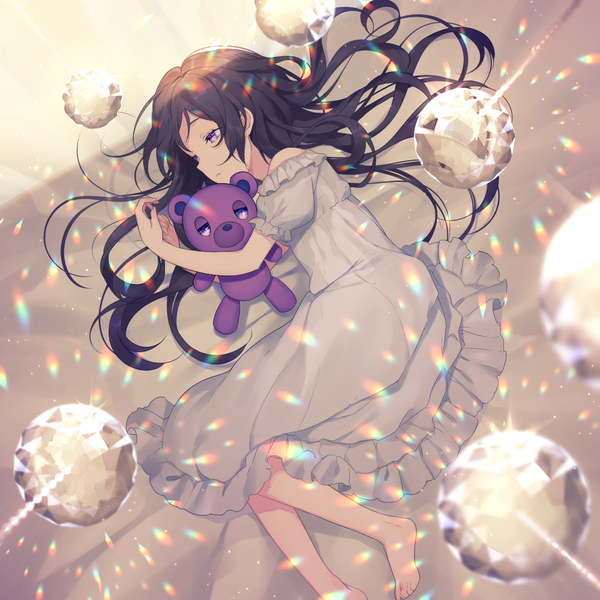 Anime picture 1000x1000 with original achiki single long hair fringe black hair purple eyes looking away lying parted lips barefoot hug on side frilled dress girl dress frills white dress toy bedsheet