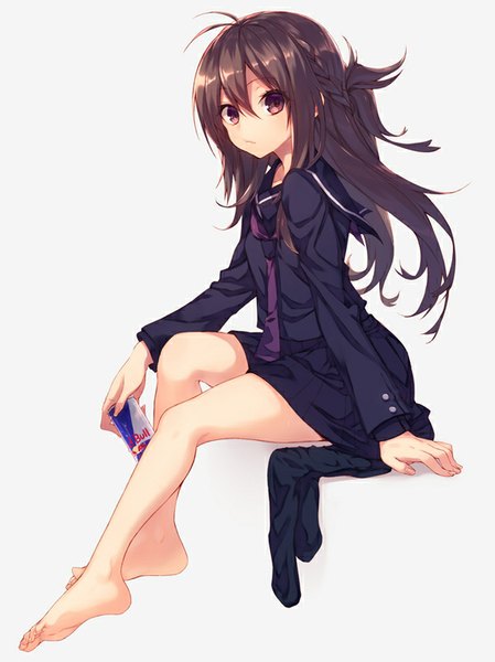 Anime picture 599x800 with red bull suisen single long hair tall image looking at viewer simple background brown hair sitting brown eyes bent knee (knees) braid (braids) barefoot grey background bare legs no shoes product placement girl uniform serafuku