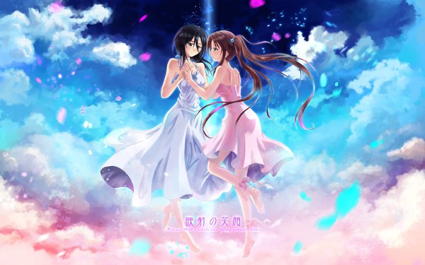 Anime picture 1920x1200 with wox long hair highres black hair brown hair wide image multiple girls cloud (clouds) barefoot black eyes girl 2 girls petals sundress