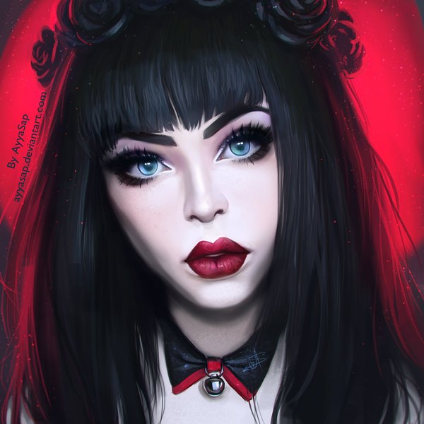 Anime picture 2000x2000 with real life wylona hayashi ayyasap single long hair looking at viewer fringe highres blue eyes black hair lips realistic lipstick portrait face pale skin red lipstick girl