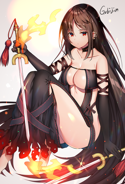 Anime picture 1500x2205 with fate (series) fate/grand order yu mei-ren (fate) aozora nan single tall image looking at viewer blush fringe breasts light erotic simple background hair between eyes brown hair large breasts sitting bare shoulders holding signed payot