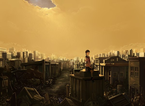 イラスト 1200x880 と オリジナル もるもるごる ソロ 茶色の髪 座る 空 city cityscape landscape ruins 女の子 スカート セーラー服 建物 道 dump