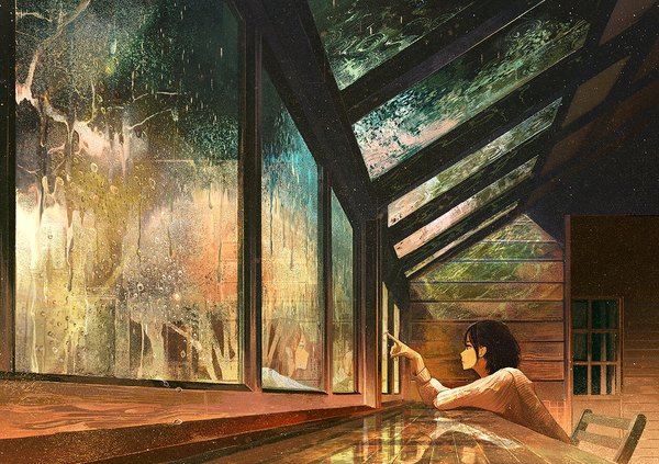 Anime picture 1275x900 with original gemi single short hair black hair sitting brown eyes looking away reflection rain scenic girl window sweater chair