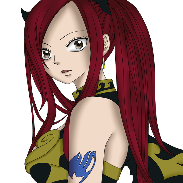 Anime picture 1200x1200 with fairy tail erza scarlet f4bl3-2 single long hair open mouth ponytail red hair grey eyes tattoo coloring transparent background girl earrings armor