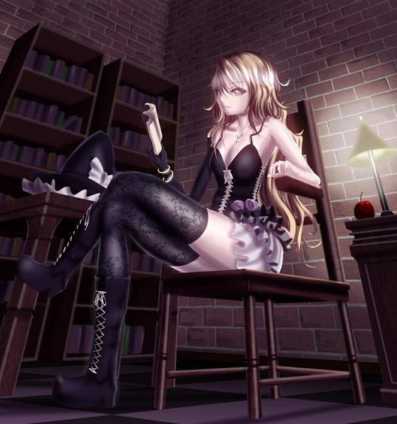Anime picture 1050x1120 with touhou kirisame marisa yusuke (shiota) single long hair tall image blonde hair bare shoulders holding looking away full body indoors arm up from below crossed legs lacing checkered floor floor hat removed headwear removed