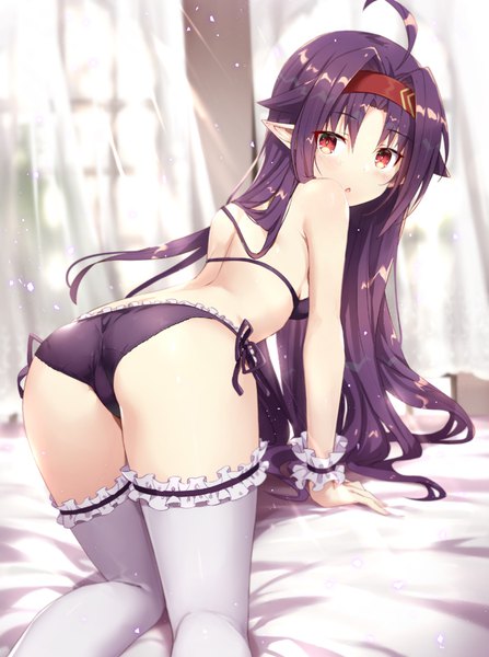 Anime picture 670x900 with sword art online a-1 pictures yuuki (sao) gabiran single long hair tall image looking at viewer blush fringe breasts open mouth light erotic hair between eyes red eyes bare shoulders payot purple hair ahoge ass
