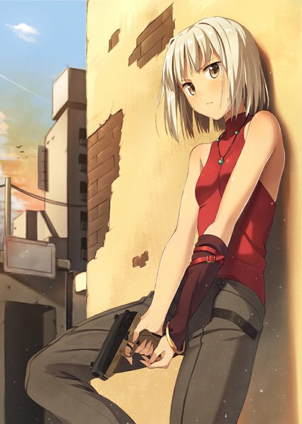 Anime picture 800x1120 with canaan type-moon canaan (character) kinta (distortion) single tall image looking at viewer blush short hair brown eyes silver hair leaning girl weapon gun building (buildings) pants pistol