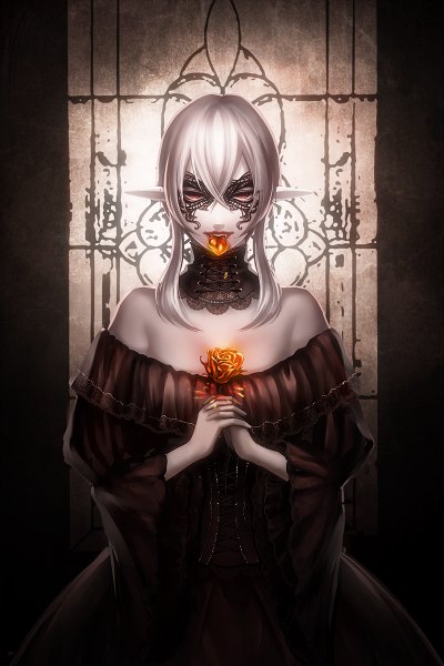 Anime picture 800x1200 with original pixiv fantasia pixiv fantasia fallen kings sasama keiji single tall image looking at viewer fringe red eyes bare shoulders holding white hair lips pointy ears wide sleeves mouth hold girl dress flower (flowers) petals