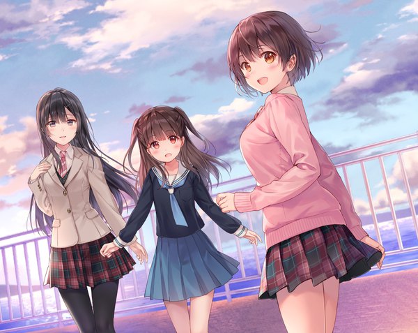 Anime picture 1000x796 with original sorai mahiru (fukahire) fukahire (ruinon) long hair looking at viewer blush fringe short hair open mouth black hair red eyes brown hair multiple girls brown eyes sky cloud (clouds) outdoors looking back two side up plaid skirt