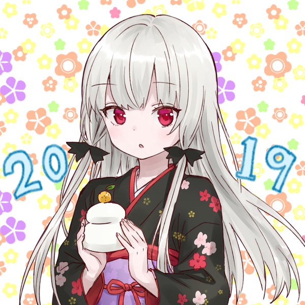 Anime picture 1062x1062 with tonari no kyuuketsuki-san sophie twilight ama-tou single long hair looking at viewer fringe open mouth red eyes upper body traditional clothes japanese clothes grey hair :o new year tress ribbon floral background 2019 girl ribbon (ribbons)