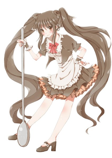 Anime picture 744x1052 with yukijirushi yukiko-tan hiro (hirohiro31) single long hair tall image black hair simple background white background twintails brown eyes very long hair girl dress bow hair bow frills spoon