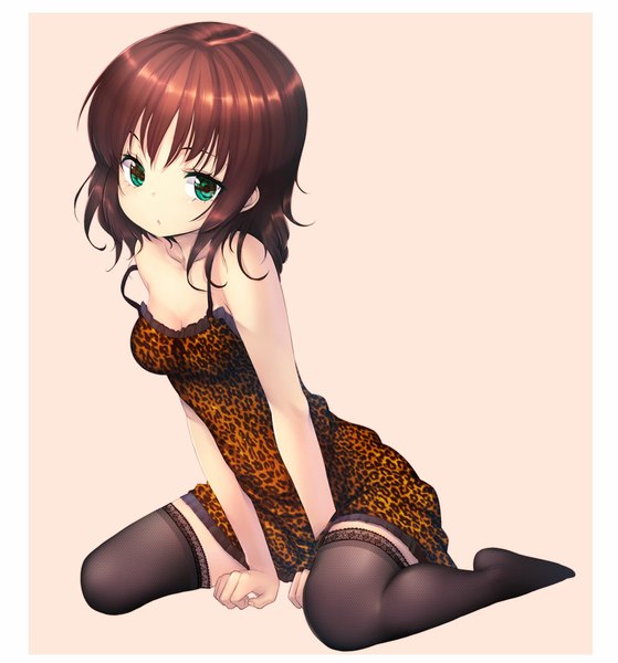 Anime picture 978x1050 with original zizi (zz22) single long hair tall image looking at viewer open mouth brown hair sitting bare shoulders green eyes no shoes zettai ryouiki strap slip girl thighhighs nightie
