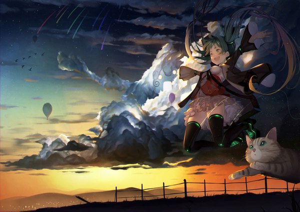 Anime picture 2865x2026 with vocaloid hatsune miku toriumi harumi single blush highres open mouth twintails looking away sky bent knee (knees) outdoors very long hair :d aqua eyes aqua hair wide sleeves alternate costume floating hair glowing