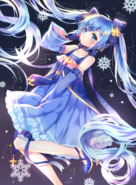 Anime picture 800x1085 with vocaloid star night snow (vocaloid) hatsune miku yuki miku yuki miku (2017) akuma (ogino-m) single tall image blush fringe blue eyes smile hair between eyes standing twintails payot blue hair looking away ahoge bent knee (knees)