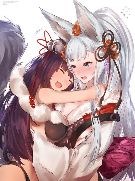 Anime picture 1500x2000 with granblue fantasy yuel (granblue fantasy) socie (granblue fantasy) yaman (yamanta lov) long hair tall image blush fringe breasts open mouth blue eyes light erotic simple background smile large breasts white background multiple girls signed animal ears payot
