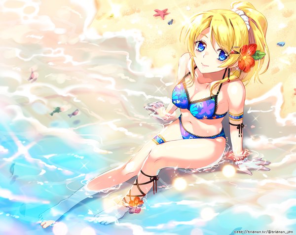 Anime picture 900x714 with love live! school idol project sunrise (studio) love live! ayase eli trianon single long hair looking at viewer breasts blue eyes light erotic blonde hair smile ponytail hair flower from above arm support sparkle beach partially submerged