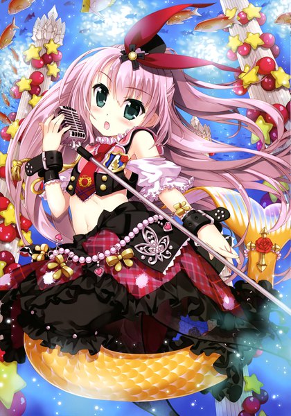 Anime picture 2866x4093 with cardfight vanguard fujima takuya single long hair tall image looking at viewer blush highres open mouth blue eyes pink hair official art girl dress bow hair bow frills star (symbol) beads microphone stand